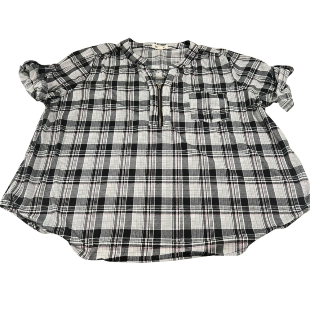Blue Mood Black Grey Pink Plaid 1/4 Zip Top Women's Size 2X Grunge
